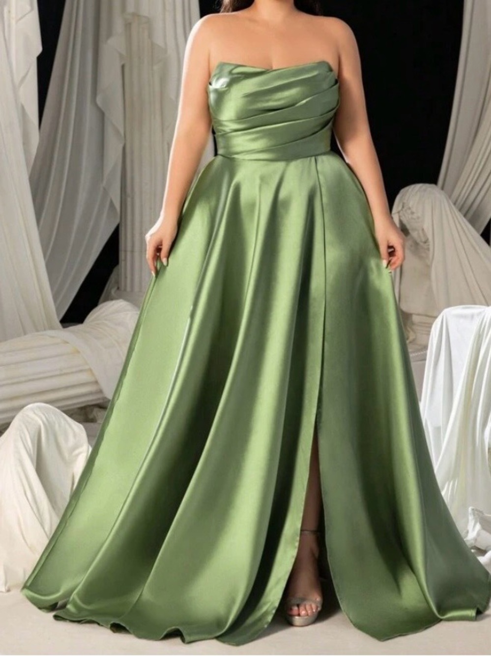 Elegant Strapless Satin A-Line Gown in Olive Green
